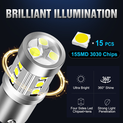 أضواء إشارة الدوران لسيارات LED البيضاء العالمية1156 1157 3030 15SMD مصباح LED أبيض أصفر Canbus لوحة ترخيص داخلية LED