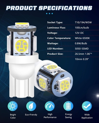 194 لمبات الإضاءة LED للسيارات 6500K Wedge T10 SMD 5050 Chips