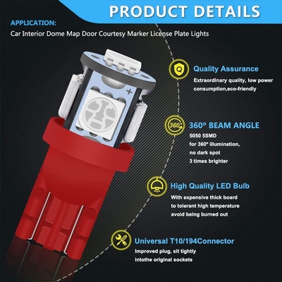 194 لمبات الإضاءة LED للسيارات 6500K Wedge T10 SMD 5050 Chips