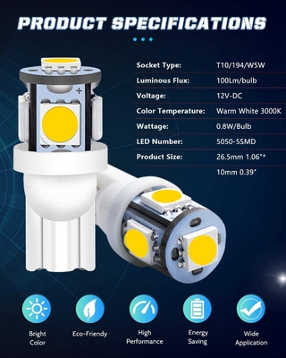 194 لمبات الإضاءة LED للسيارات 6500K Wedge T10 SMD 5050 Chips