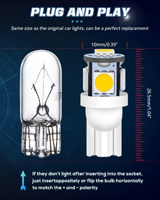 194 لمبات الإضاءة LED للسيارات 6500K Wedge T10 SMD 5050 Chips