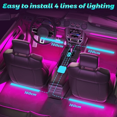 4 قطع 48 LED قطاع أضواء جو السيارة الداخلية IP65 مع منفذ USB التحكم في APP