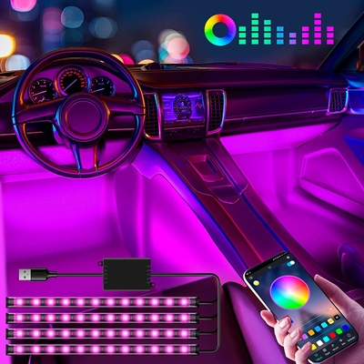 4 قطع 48 LED قطاع أضواء جو السيارة الداخلية IP65 مع منفذ USB التحكم في APP
